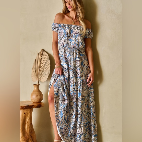 Blue Boho Paisley Print Off Shoulder Maxi Dress Bohemian Long Dress - Picture 11 of 15